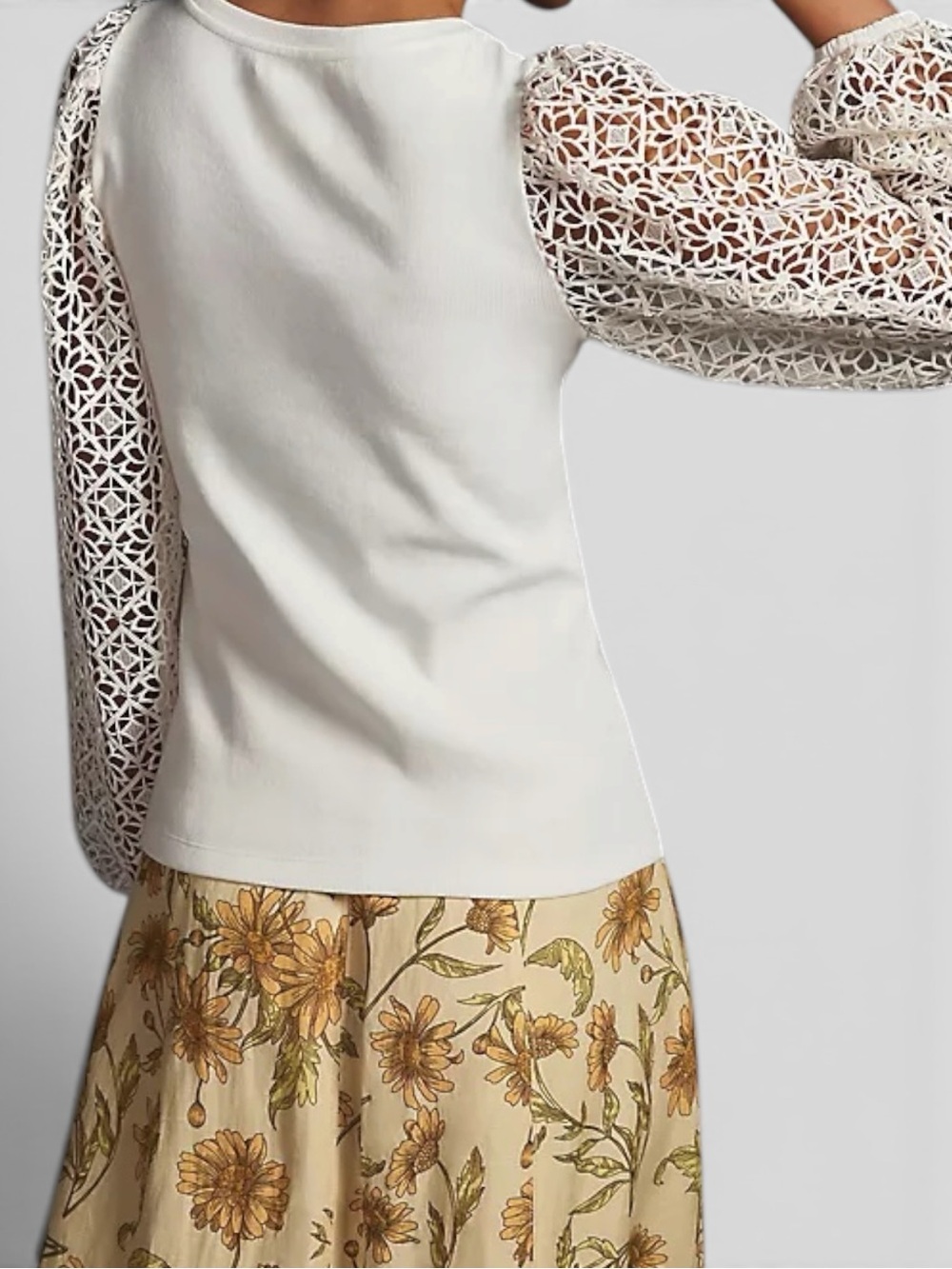 Anthropologie Maeve Lace Sleeve Top White Rib Knit Scoop Neck Women Small Shirt - Picture 3 of 9